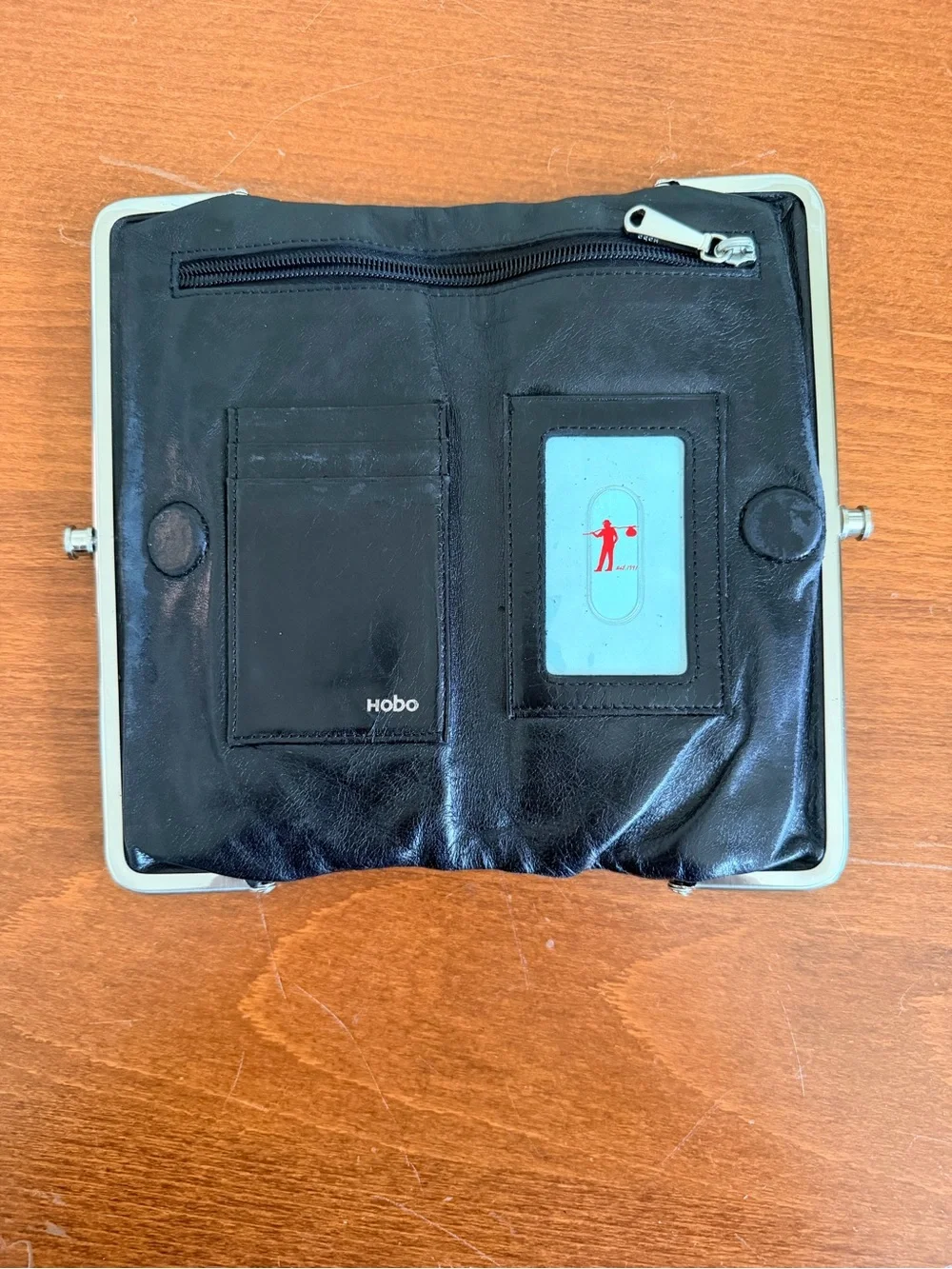 HOBO Black Leather Frame-Top Clutch with Silver Hardware